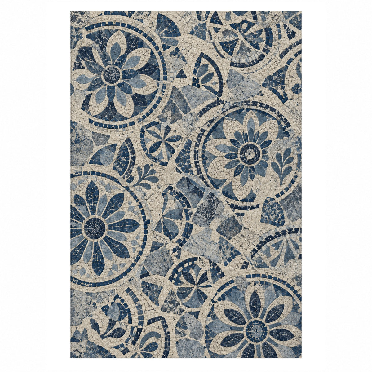 Broken Rosettes Indigo Geometric Washable Rug — top view