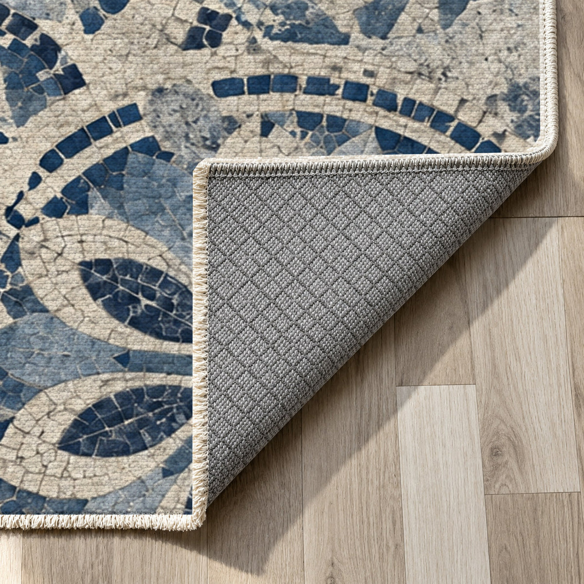 Broken Rosettes Indigo Geometric Washable Rug — backing close up
