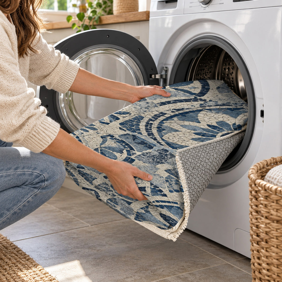 Broken Rosettes Indigo Geometric Washable Rug — washing machine