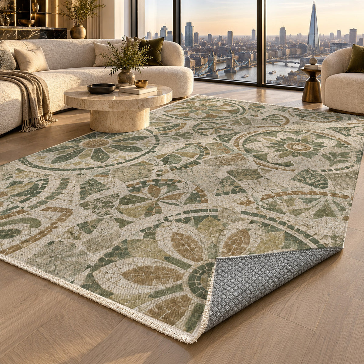 Broken Rosettes Sage Geometric Washable Rug — london luxury living
