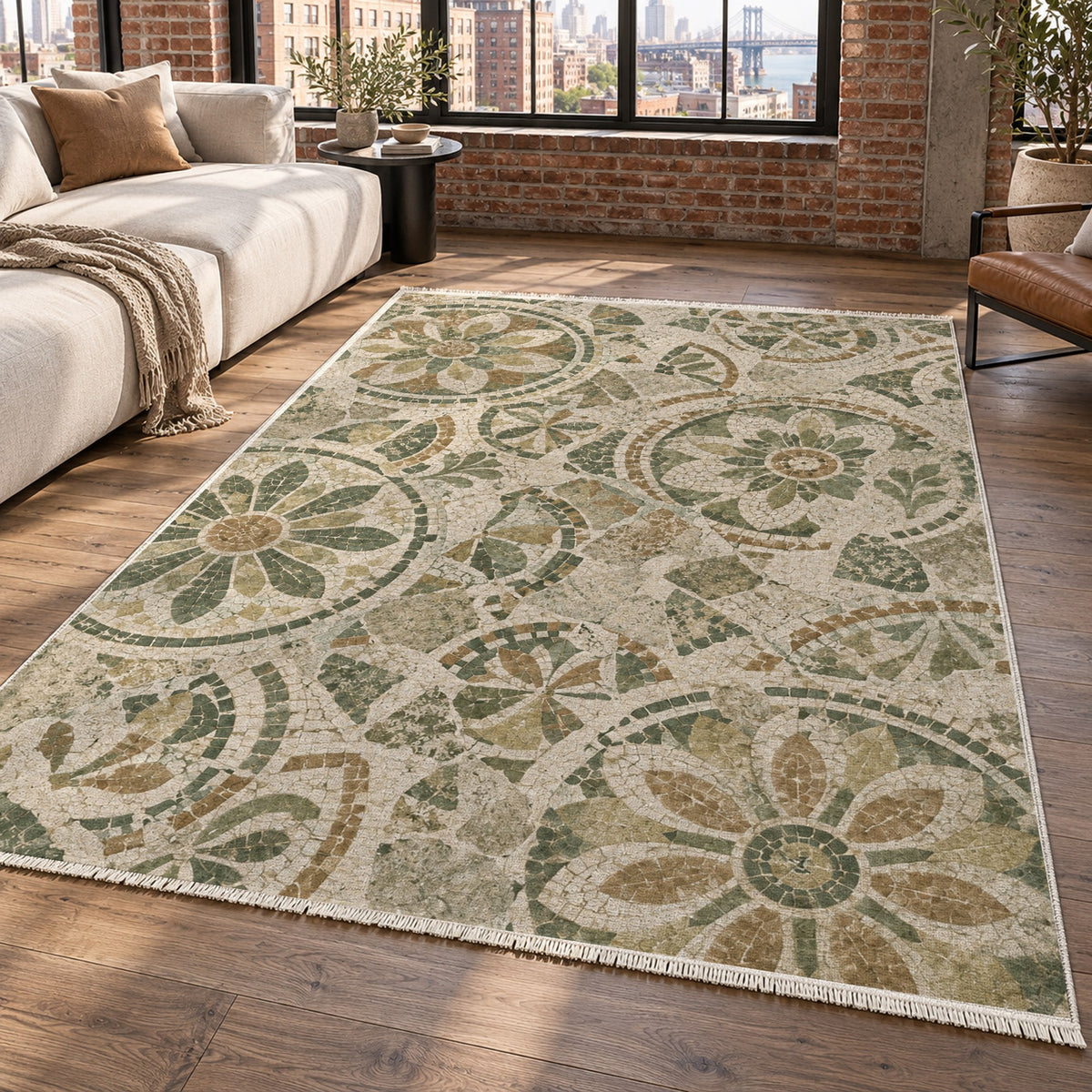 Broken Rosettes Sage Geometric Washable Rug — new york living