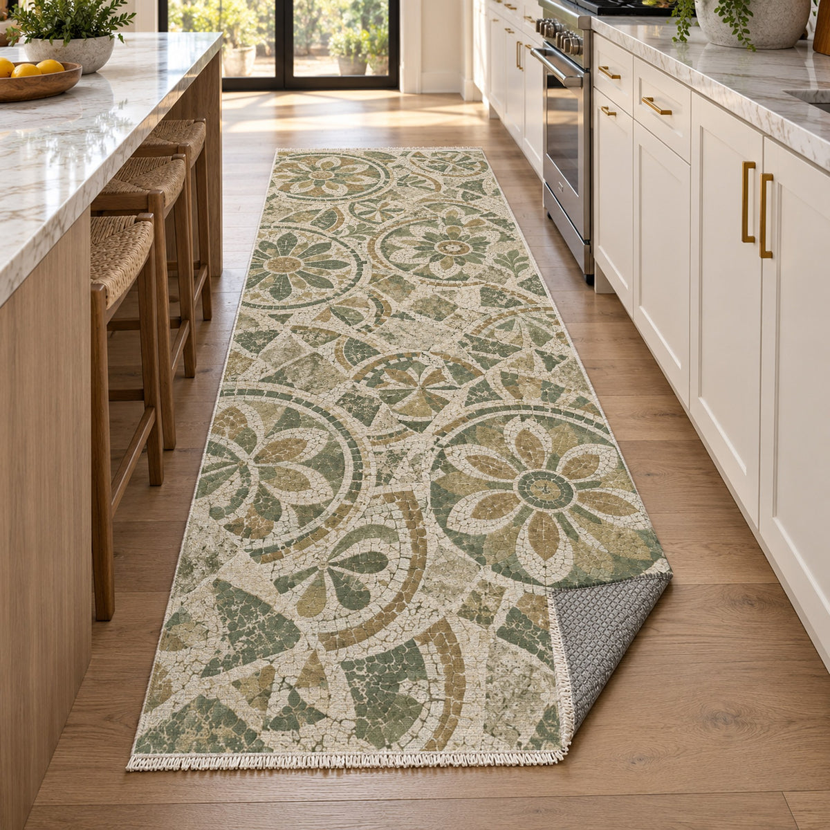 Broken Rosettes Sage Geometric Washable Rug — new york kitchen runner