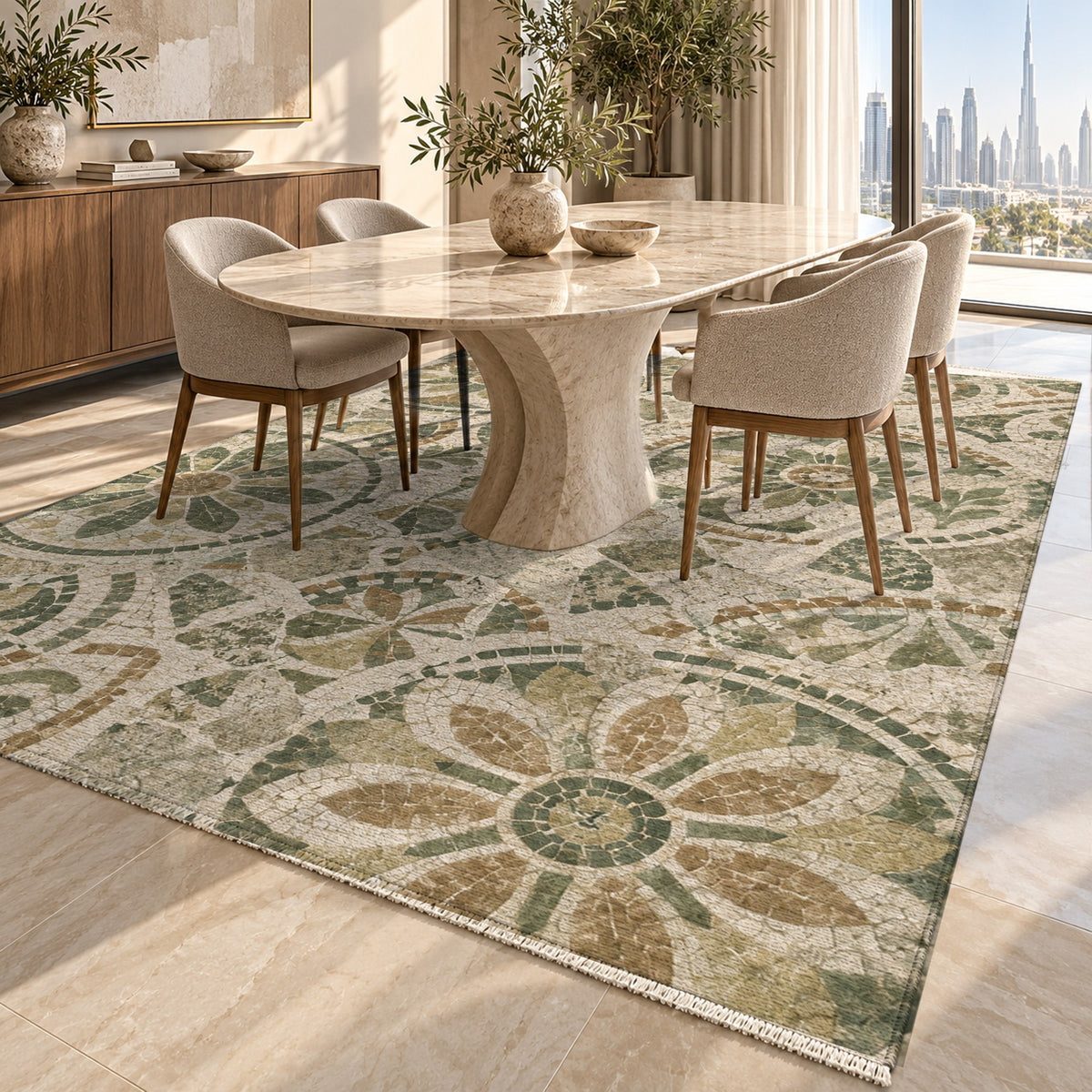 Broken Rosettes Sage Geometric Washable Rug — dubai dining
