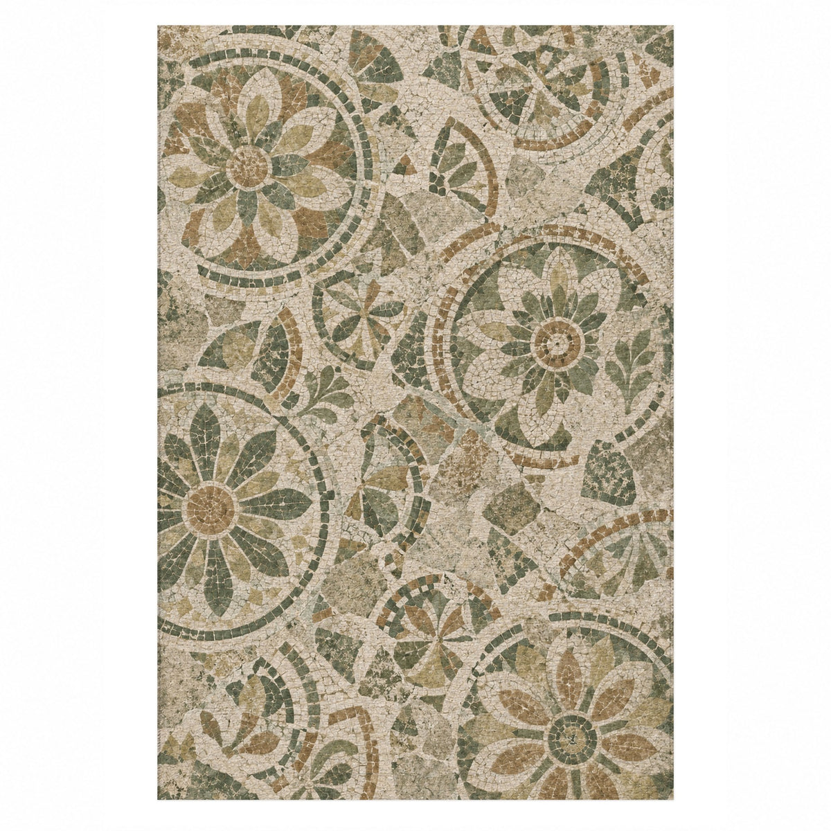 Broken Rosettes Sage Geometric Washable Rug — top view