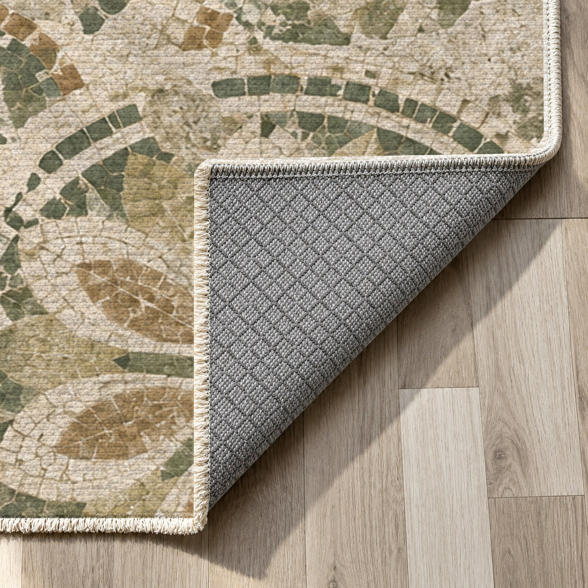 Broken Rosettes Sage Geometric Washable Rug — backing close up