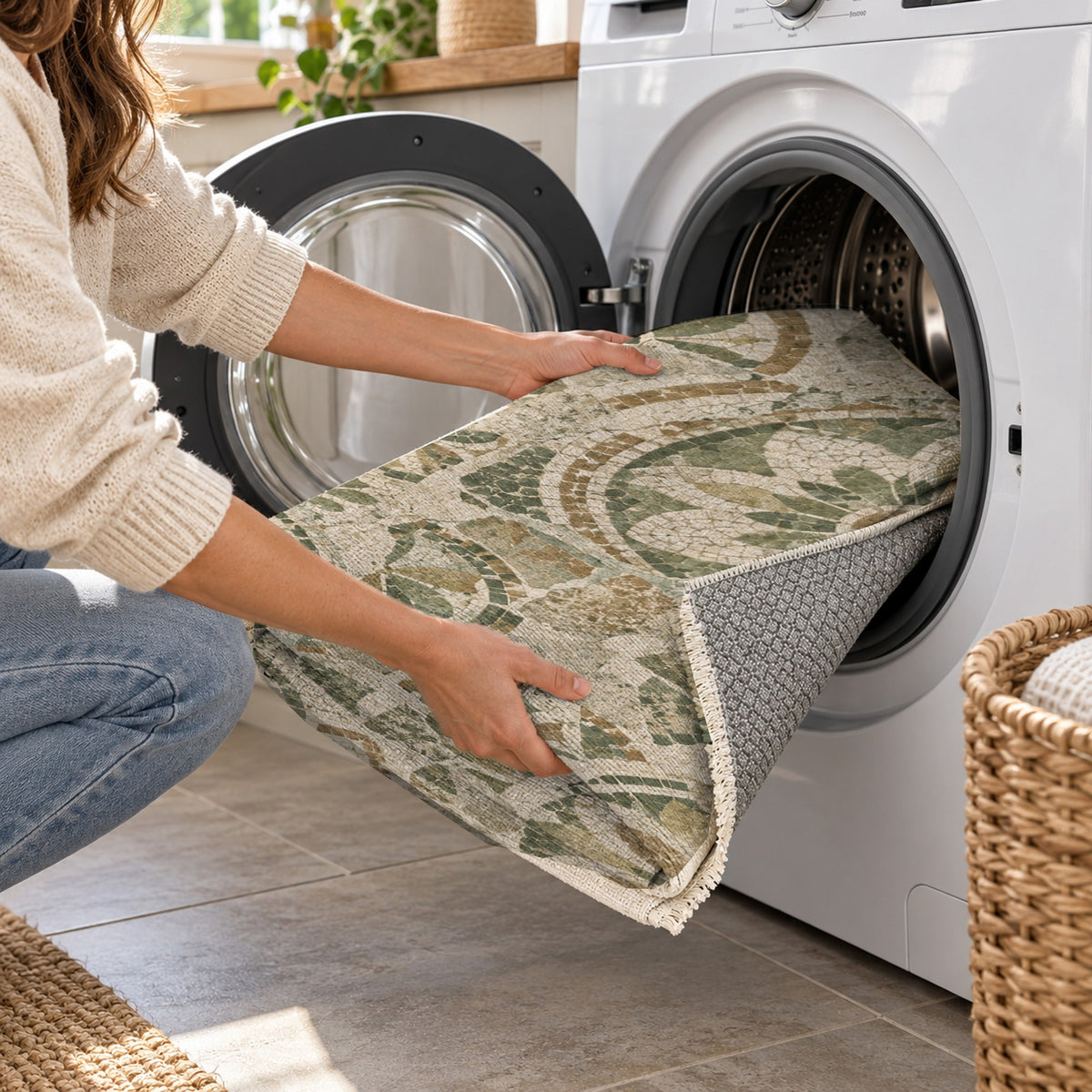Broken Rosettes Sage Geometric Washable Rug — washing machine
