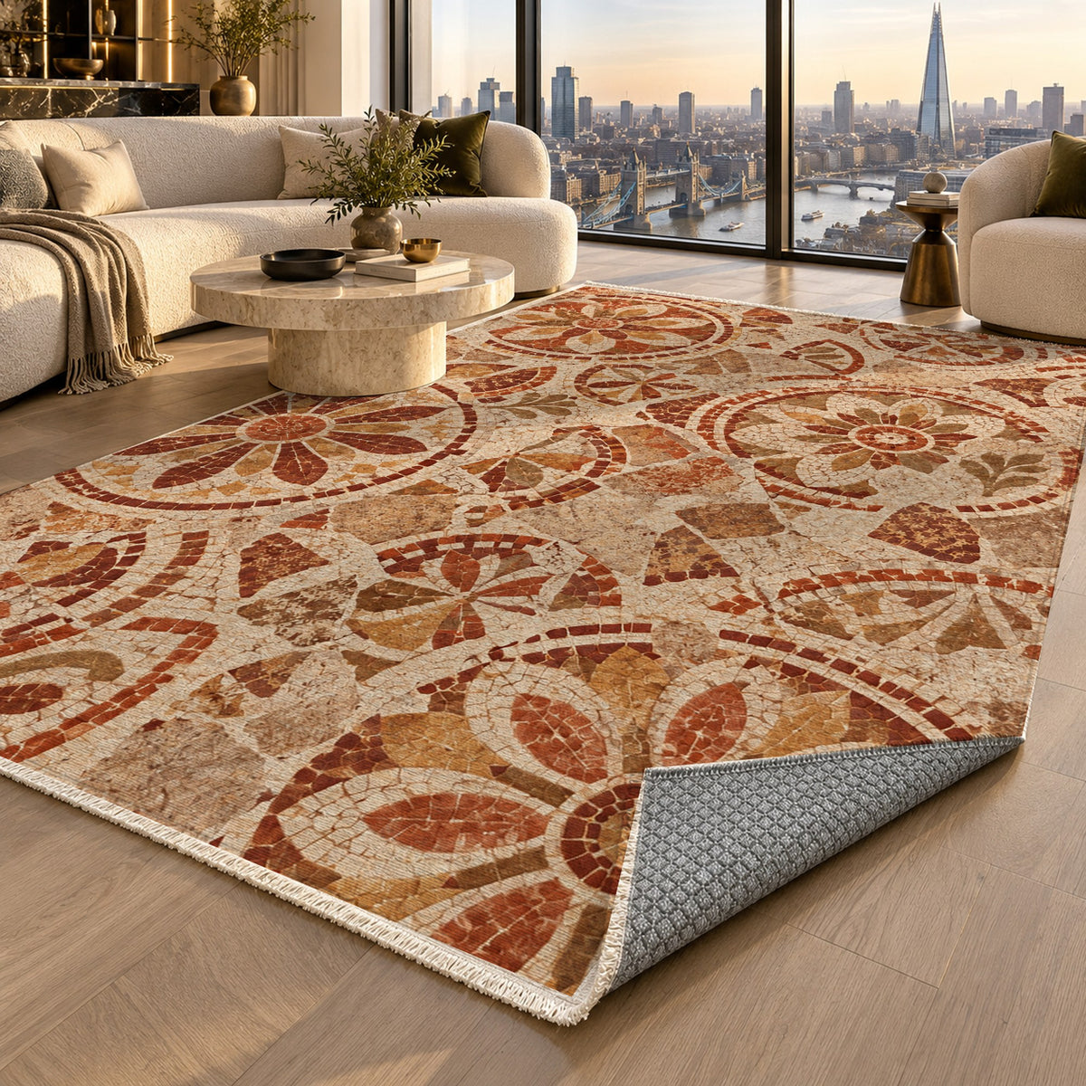 Broken Rosettes Terracotta Geometric Washable Rug — london luxury living