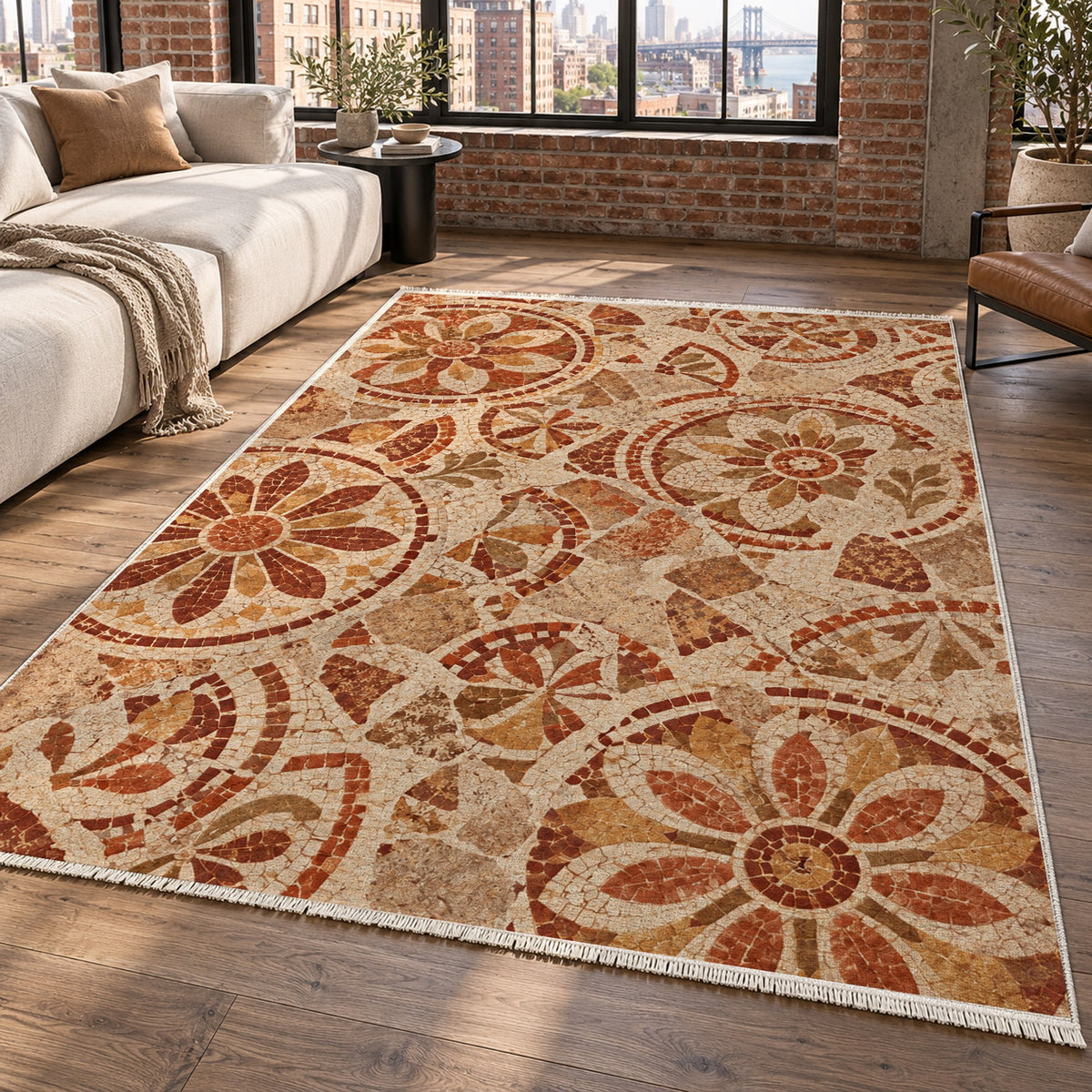 Broken Rosettes Terracotta Geometric Washable Rug — new york living