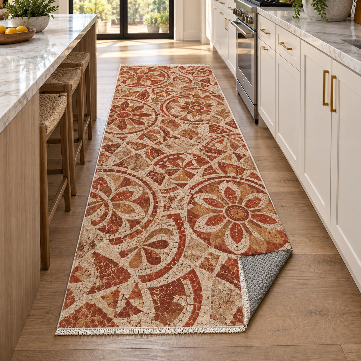 Broken Rosettes Terracotta Geometric Washable Rug — new york kitchen runner