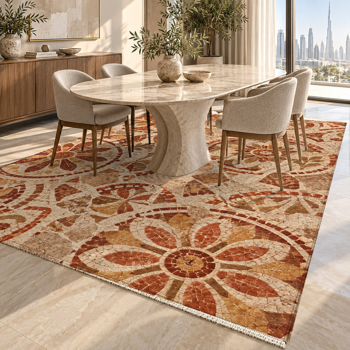 Broken Rosettes Terracotta Geometric Washable Rug — dubai dining