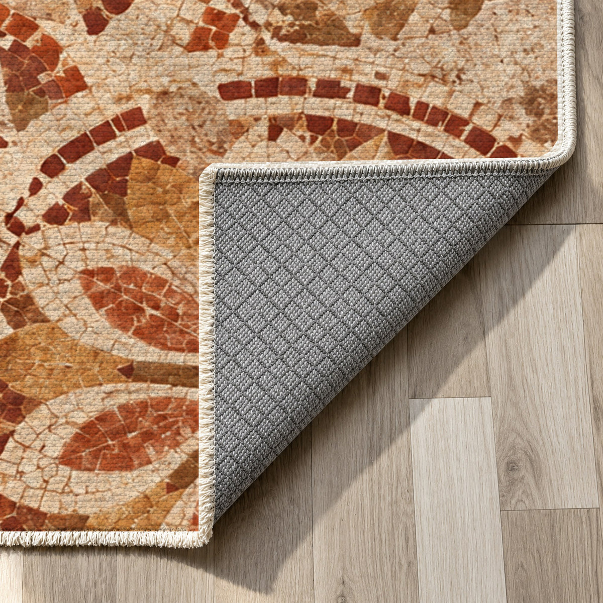 Broken Rosettes Terracotta Geometric Washable Rug — backing close up