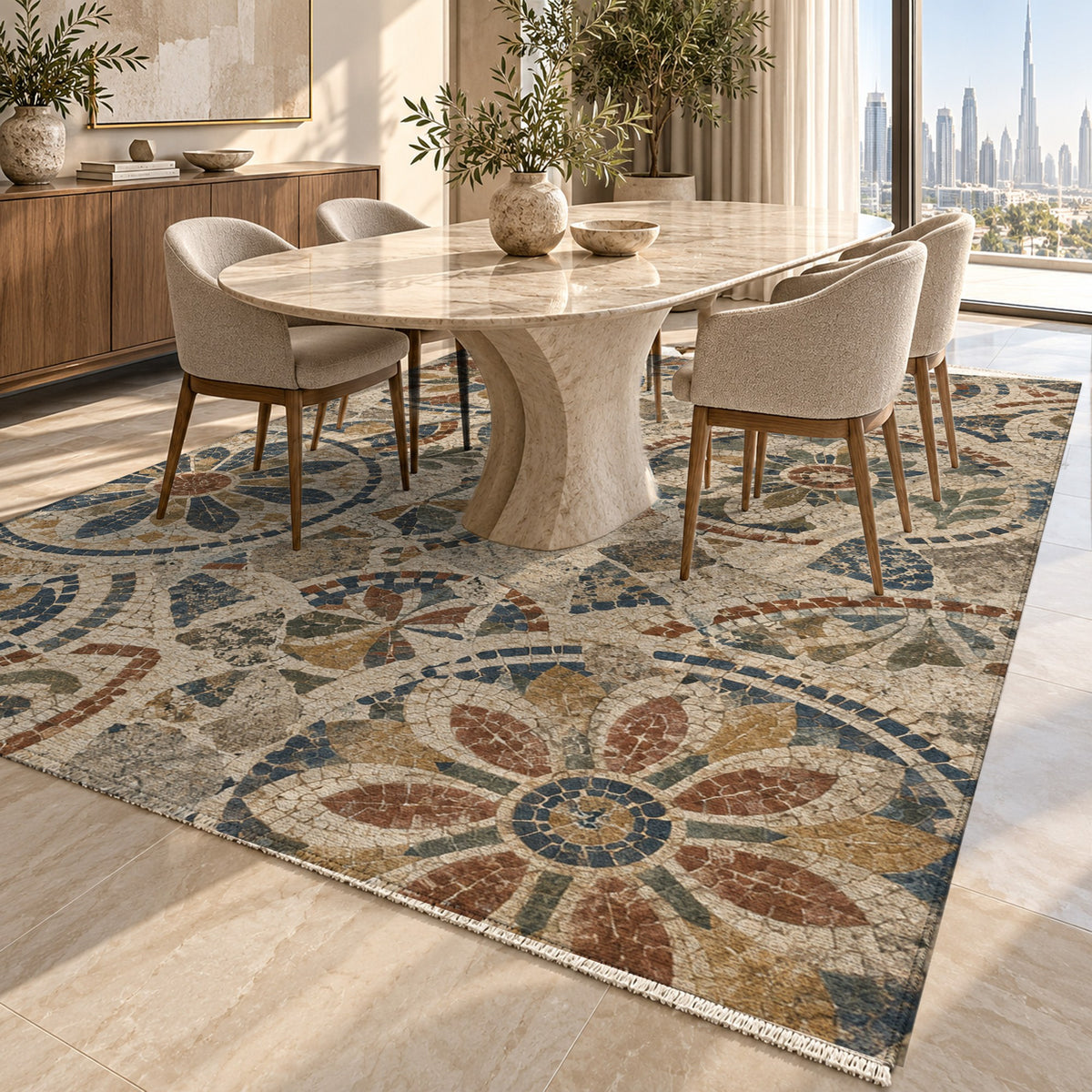 Broken Rosettes Geometric Washable Rug — dubai dining
