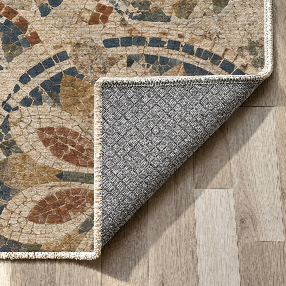 Broken Rosettes Geometric Washable Rug — backing close up