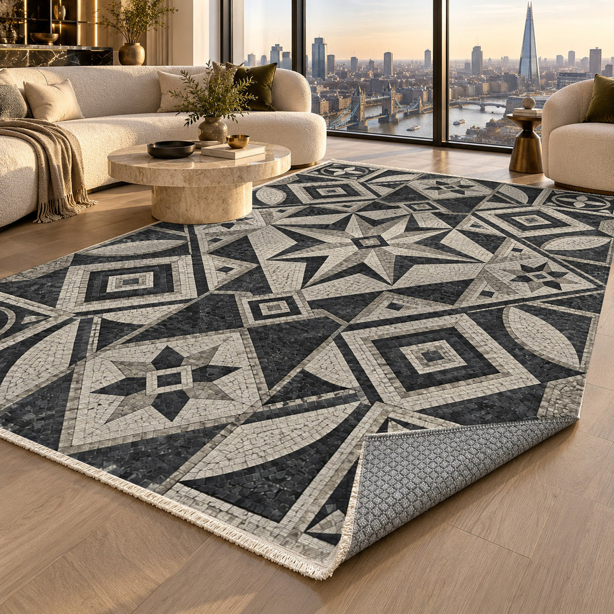 Byzantine Geometry Charcoal Geometric Washable Rug — london luxury living
