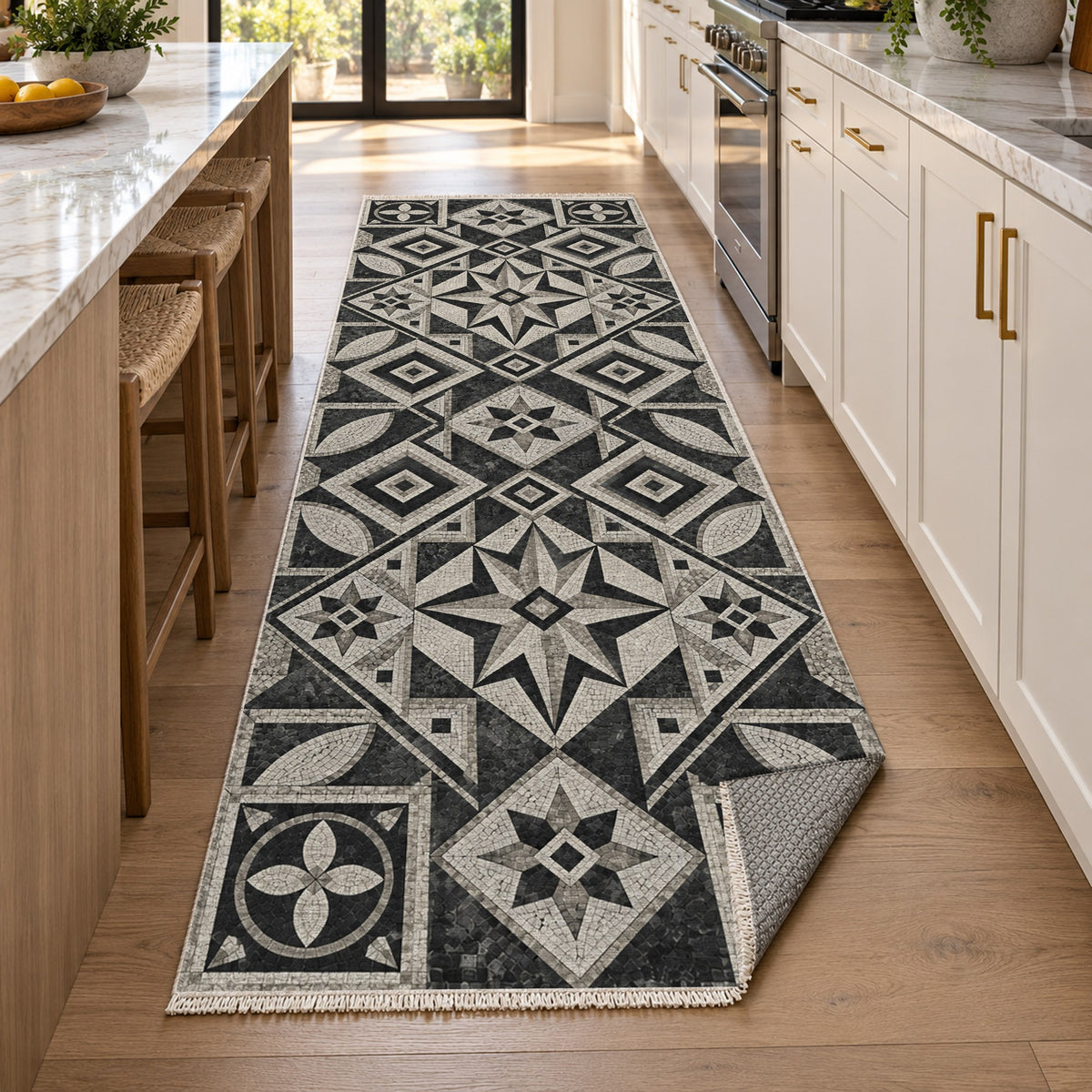 Byzantine Geometry Charcoal Geometric Washable Rug — new york kitchen runner