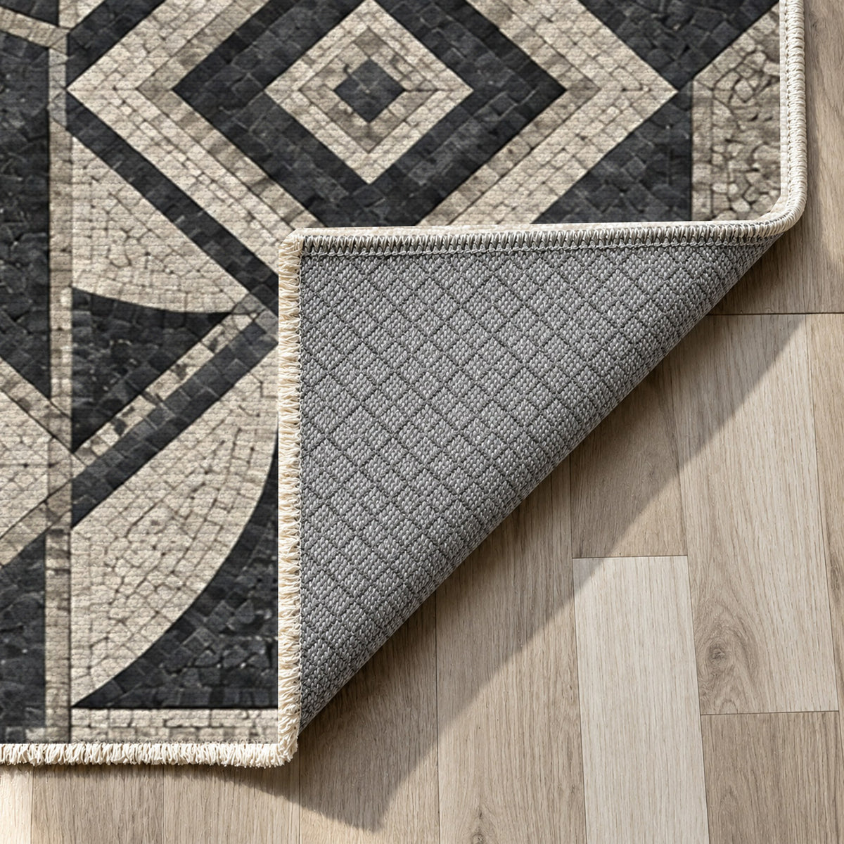 Byzantine Geometry Charcoal Geometric Washable Rug — backing close up
