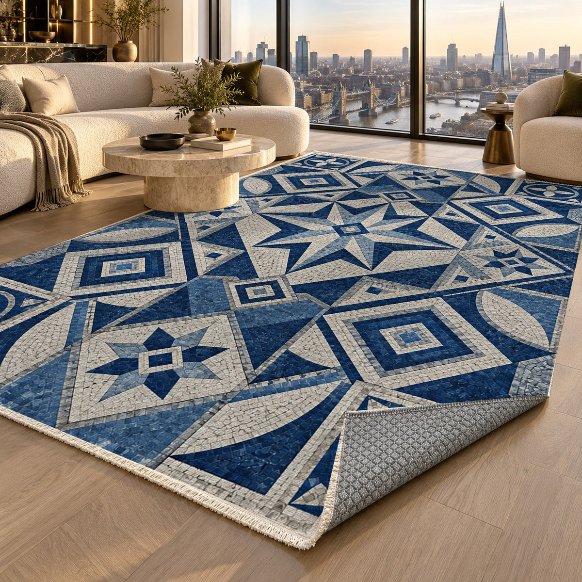Byzantine Geometry Indigo Geometric Washable Rug — london luxury living