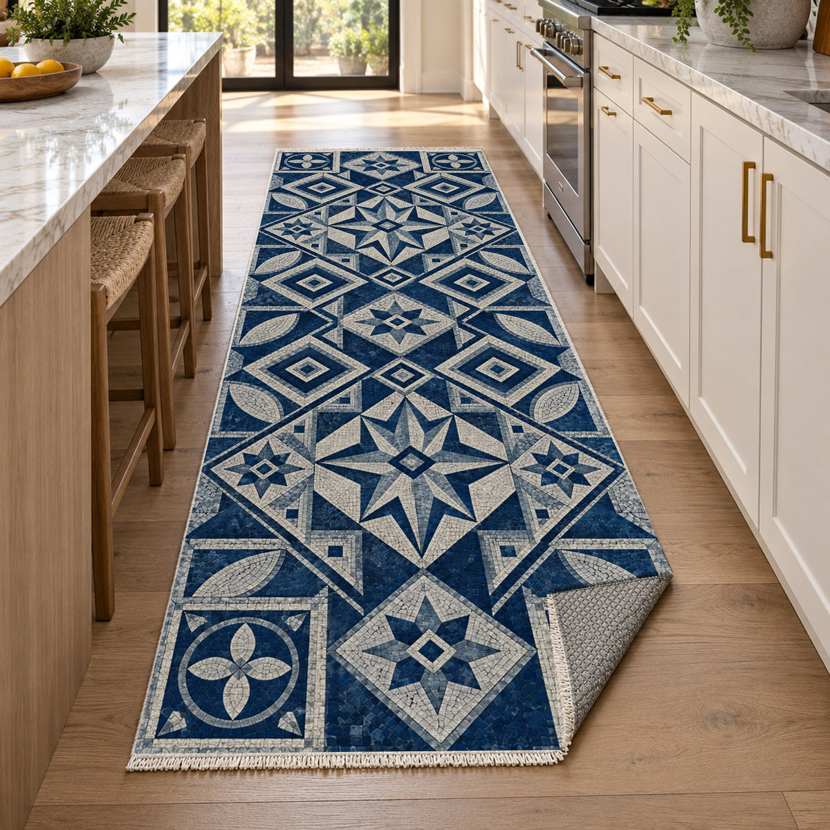 Byzantine Geometry Indigo Geometric Washable Rug — new york kitchen runner