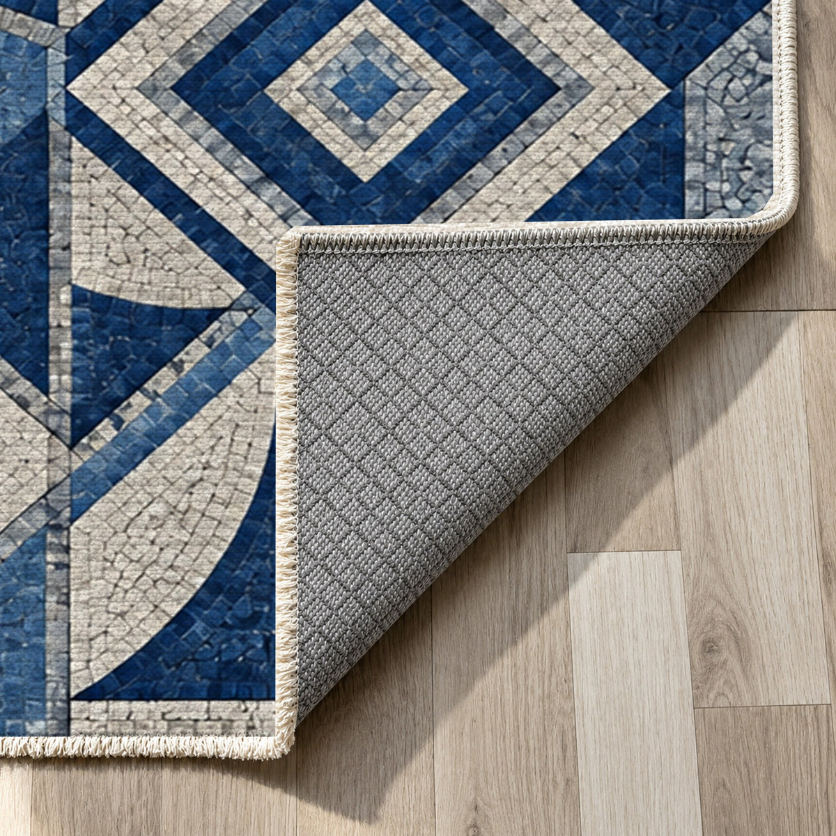 Byzantine Geometry Indigo Geometric Washable Rug — backing close up