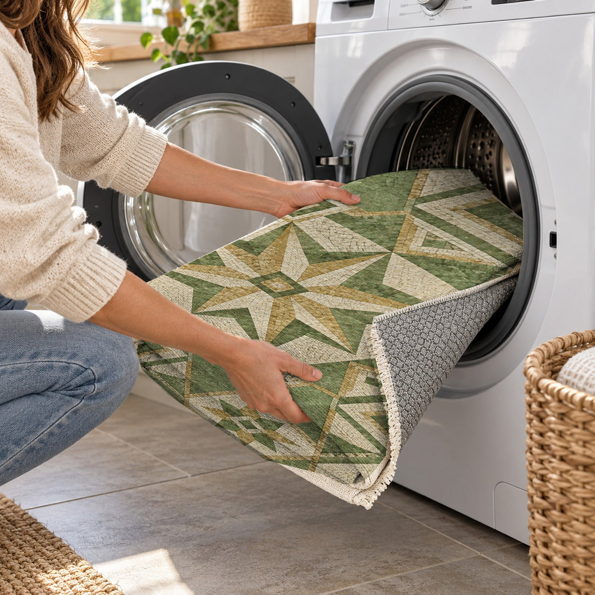 Byzantine Geometry Sage Geometric Washable Rug — washing machine