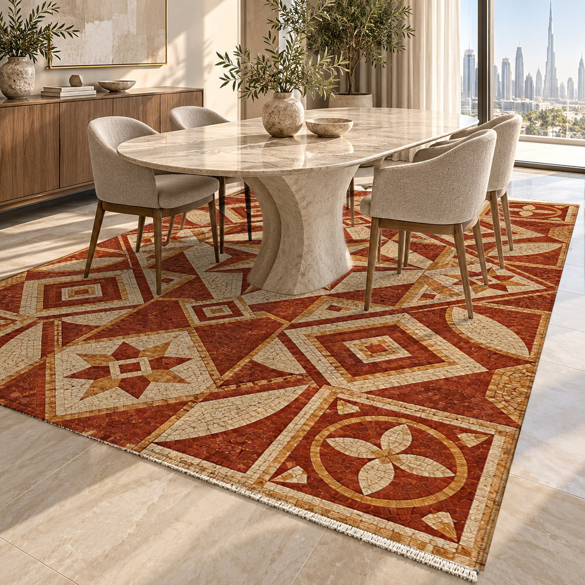 Byzantine Geometry Terracotta Geometric Washable Rug — dubai dining