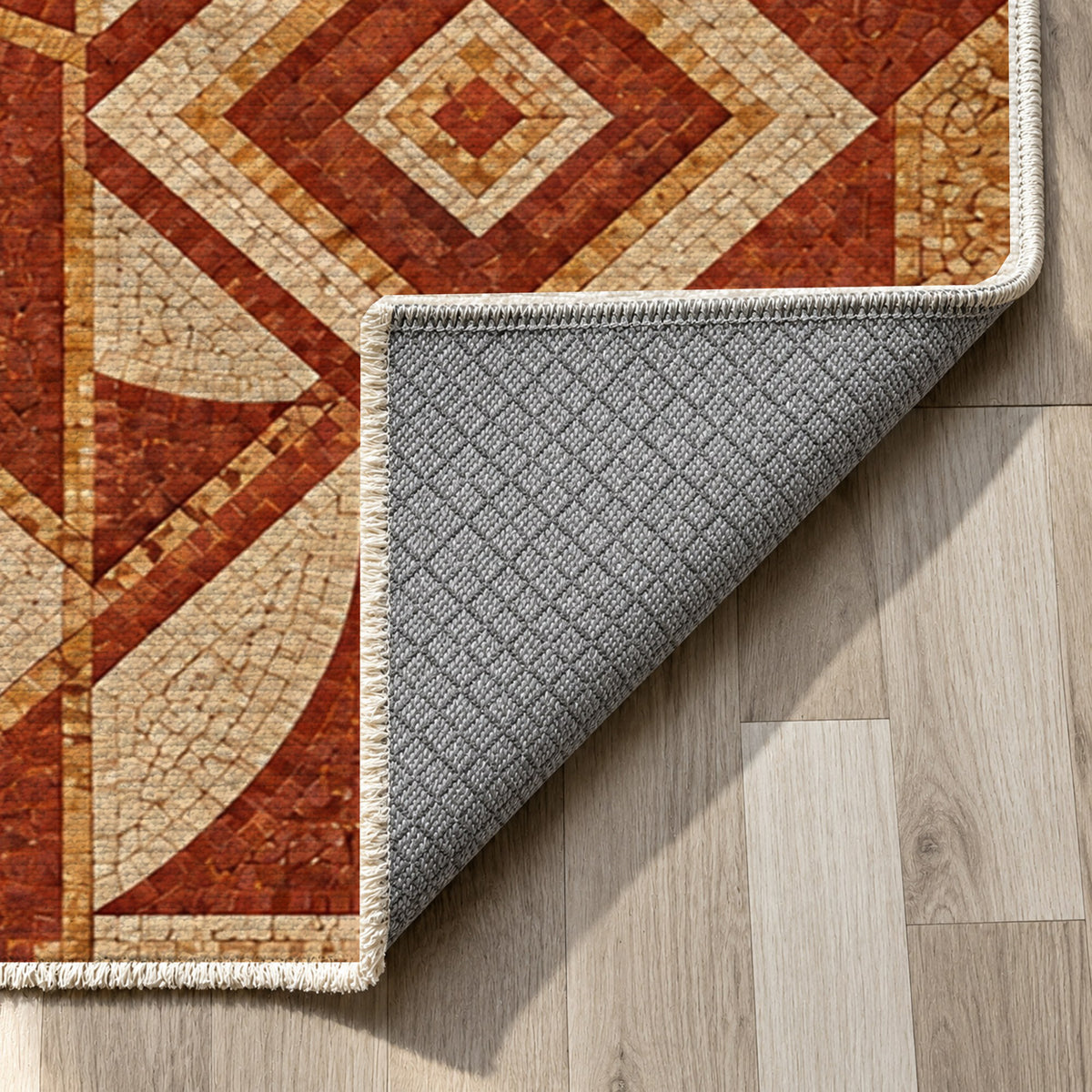Byzantine Geometry Terracotta Geometric Washable Rug — backing close up