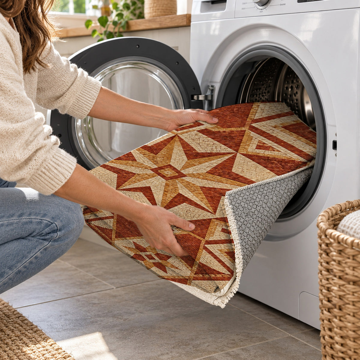Byzantine Geometry Terracotta Geometric Washable Rug — washing machine