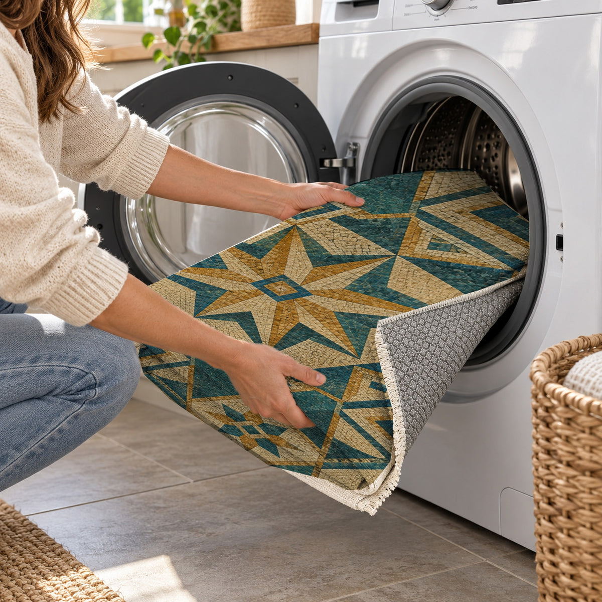 Byzantine Geometry Geometric Washable Rug — washing machine