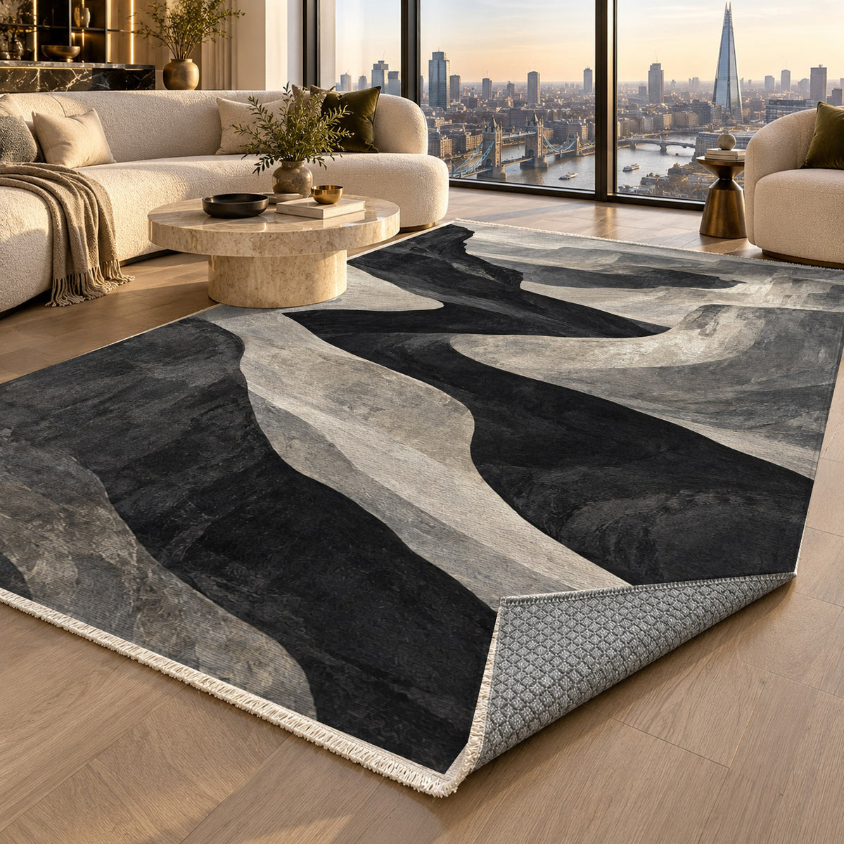 Canyon Shadows Charcoal Modern Washable Rug — london luxury living