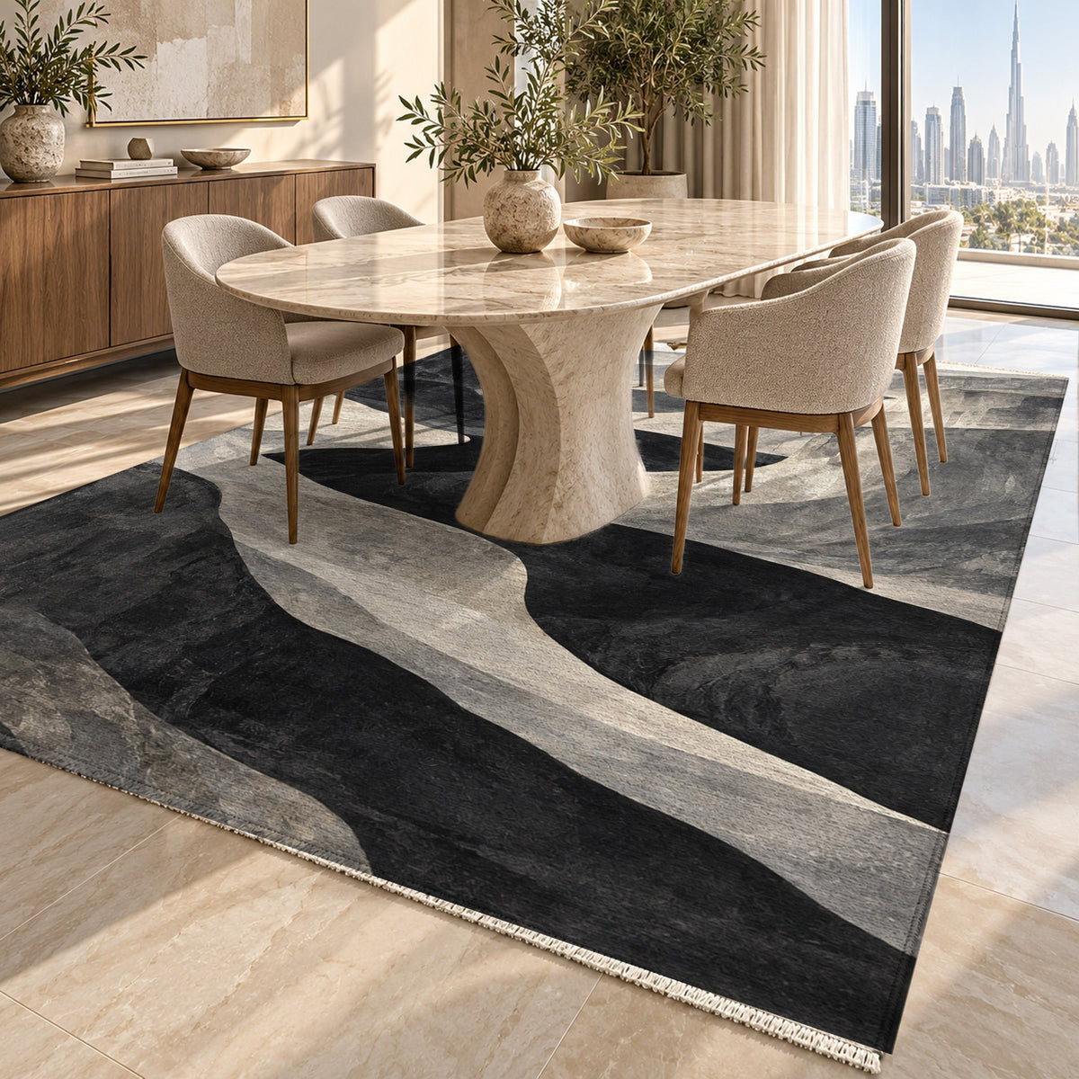 Canyon Shadows Charcoal Modern Washable Rug — dubai dining