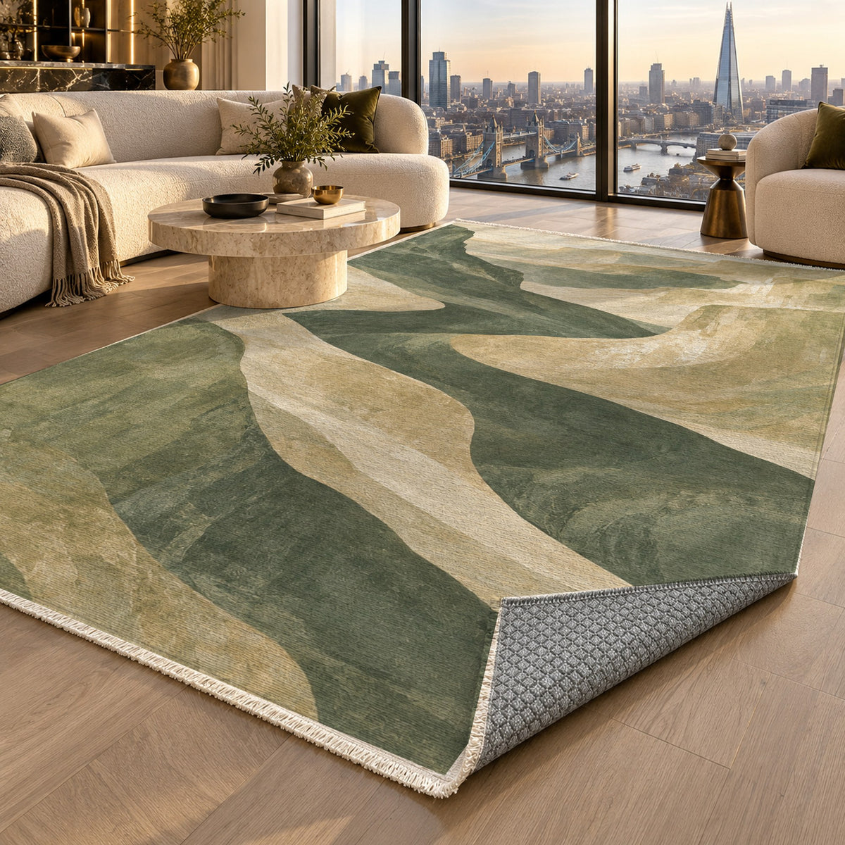 Canyon Shadows Sage Modern Washable Rug — london luxury living