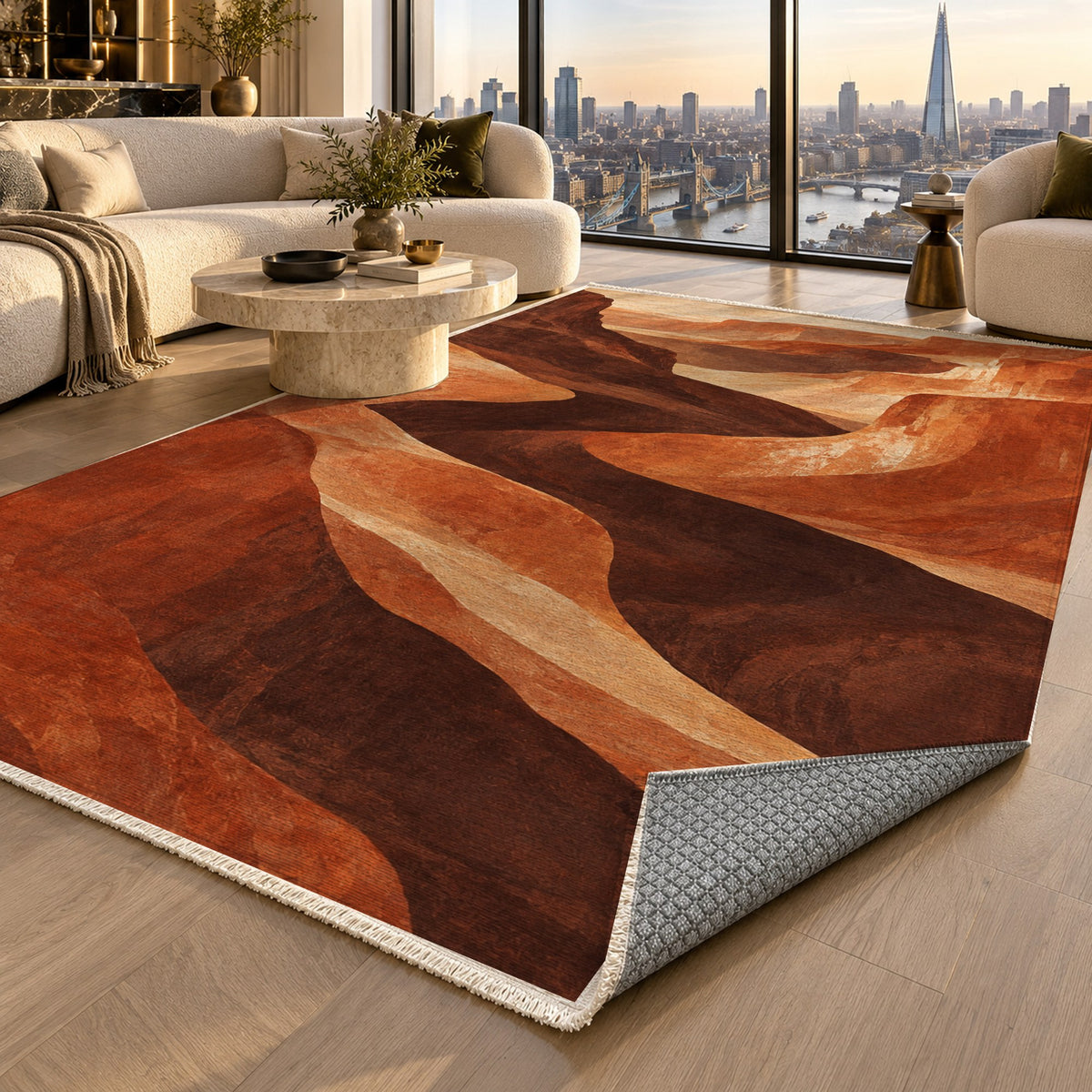 Canyon Shadows Terracotta Modern Washable Rug — london luxury living