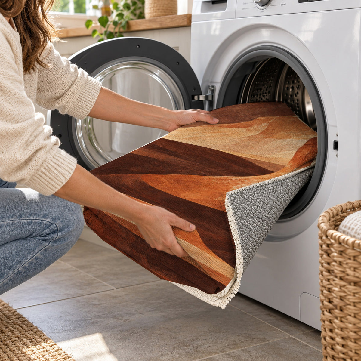 Canyon Shadows Terracotta Modern Washable Rug — washing machine