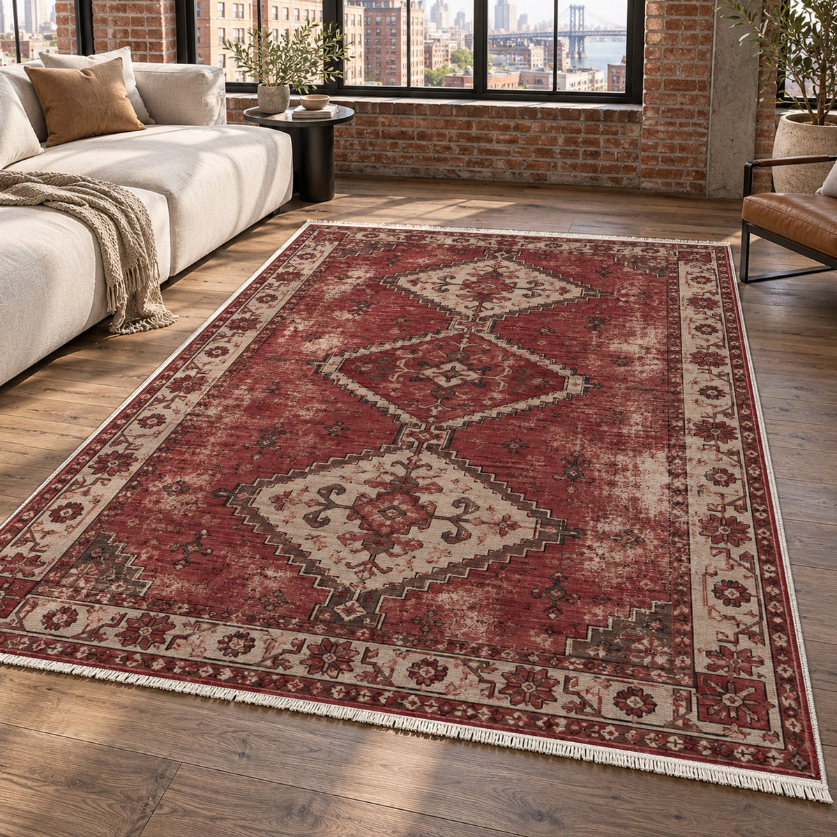 Caravan Fragments Burgundy Red Vintage Washable Rug — new york living