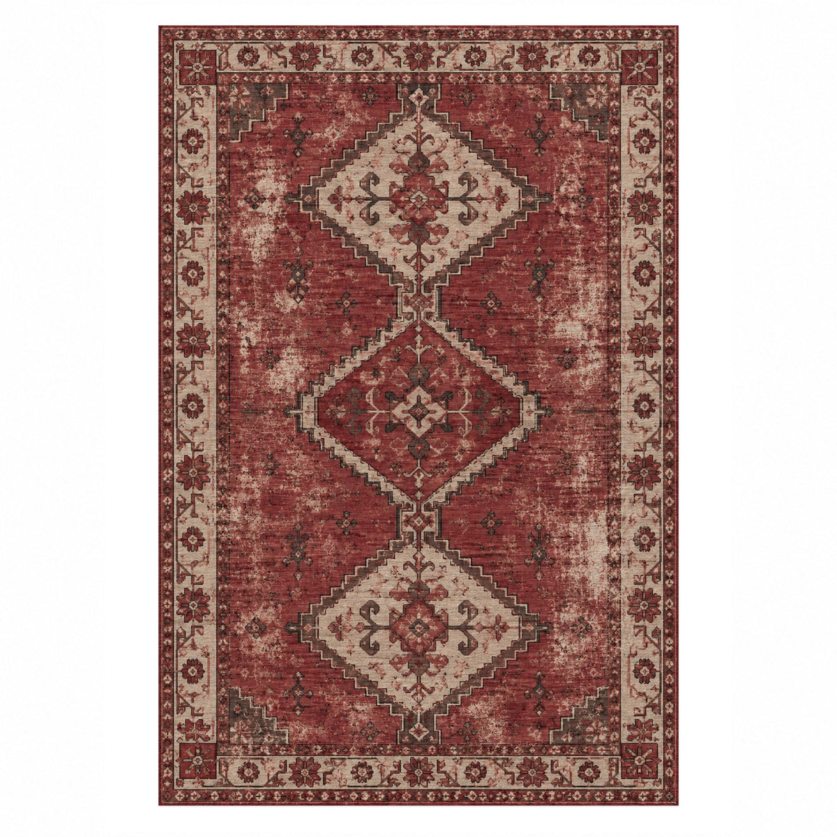 Caravan Fragments Burgundy Red Vintage Washable Rug — top view