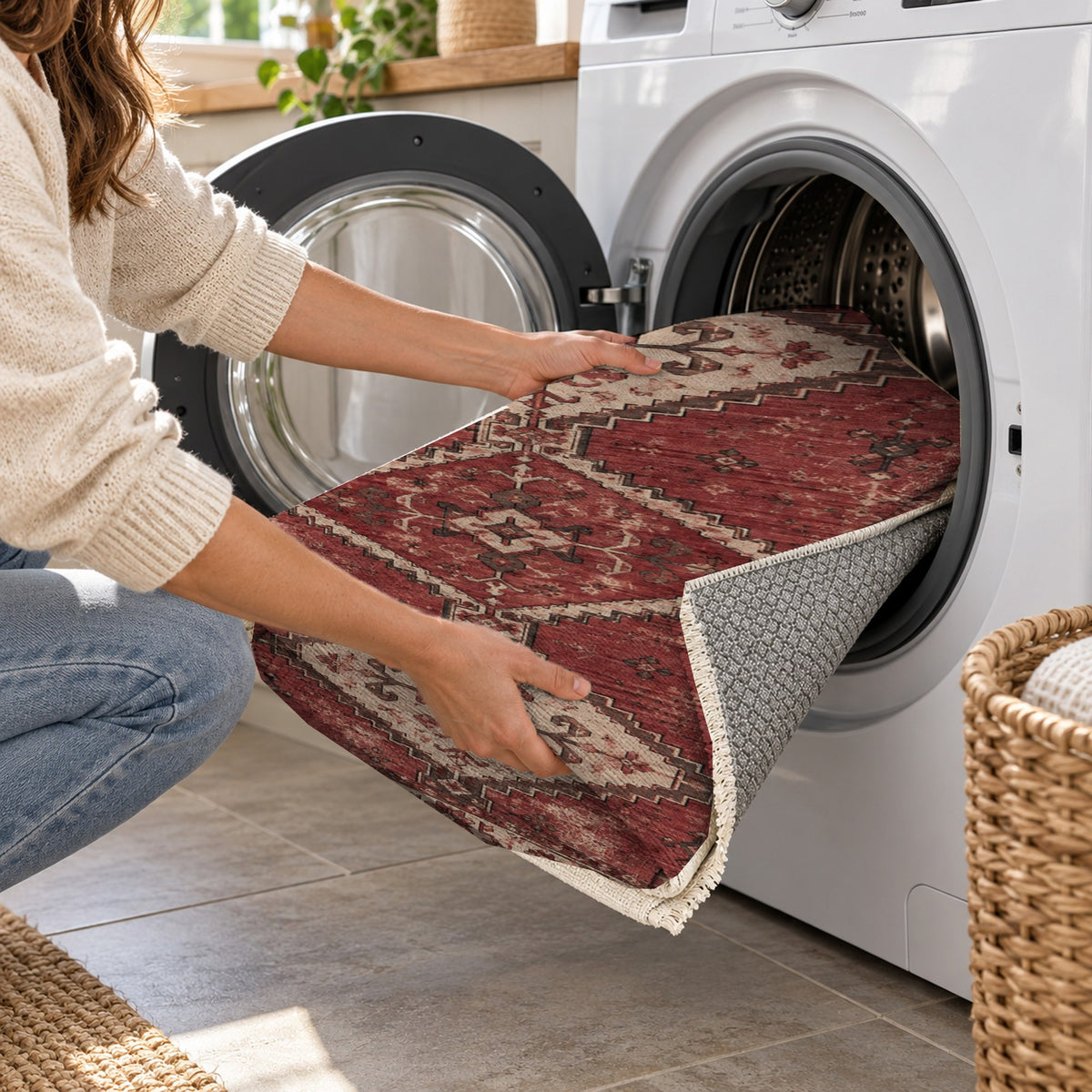 Caravan Fragments Burgundy Red Vintage Washable Rug — washing machine