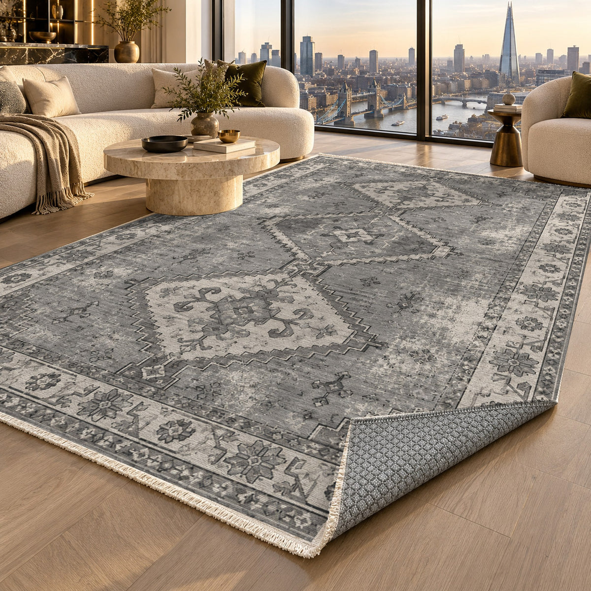 Caravan Fragments Charcoal Silver Vintage Washable Rug — london luxury living