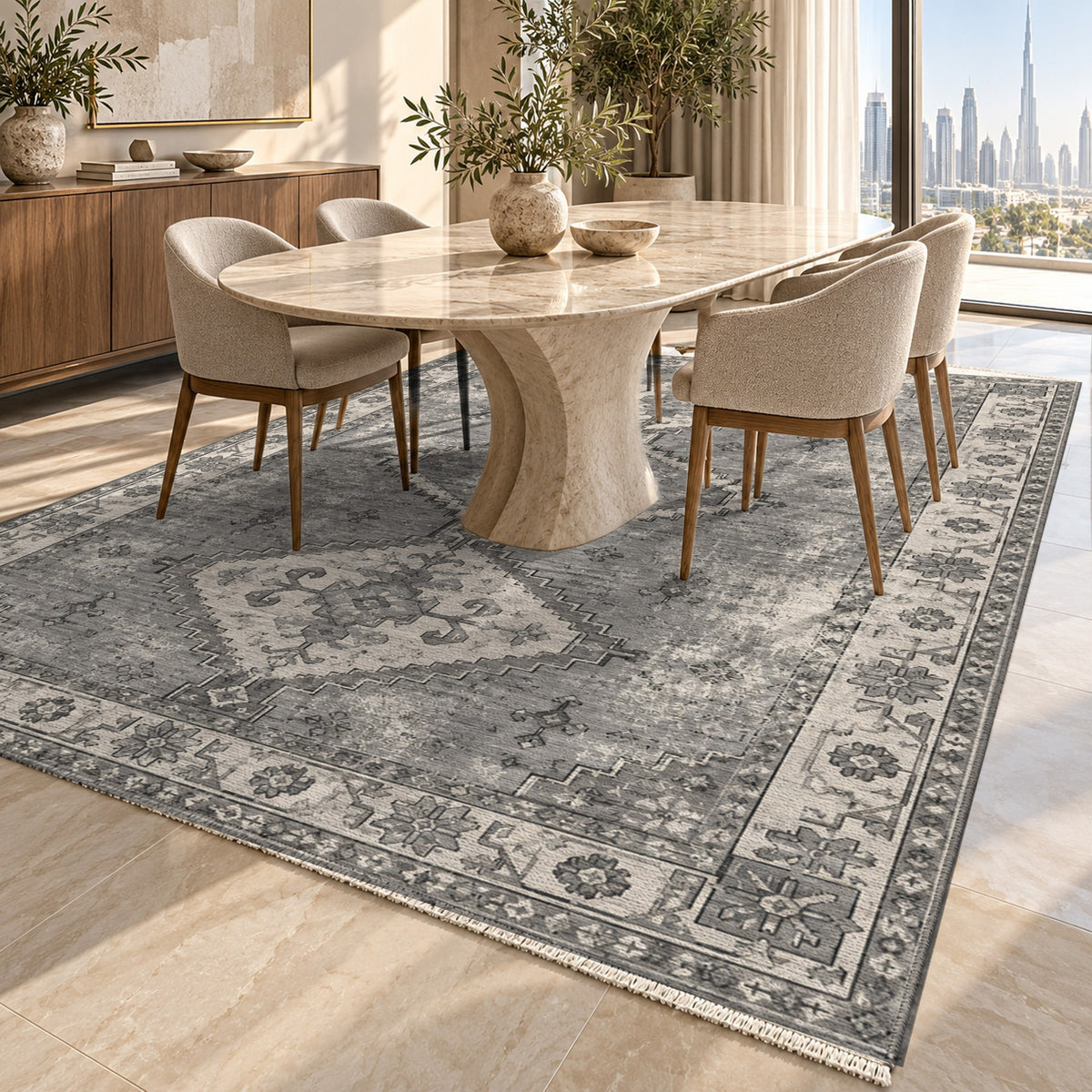 Caravan Fragments Charcoal Silver Vintage Washable Rug — dubai dining