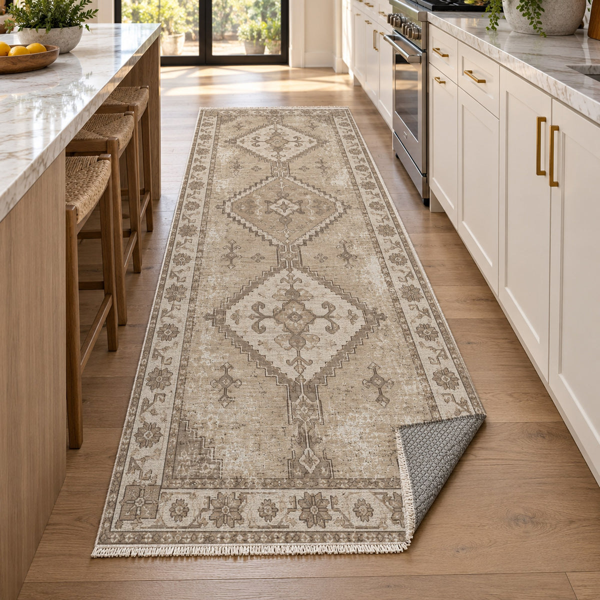 Caravan Fragments Ivory Taupe Vintage Washable Rug — new york kitchen runner