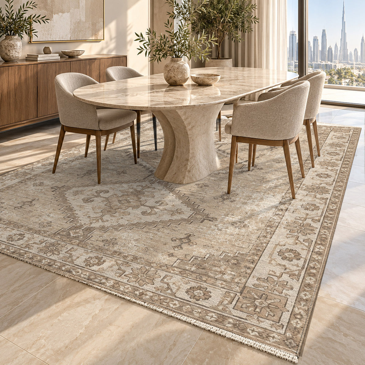Caravan Fragments Ivory Taupe Vintage Washable Rug — dubai dining