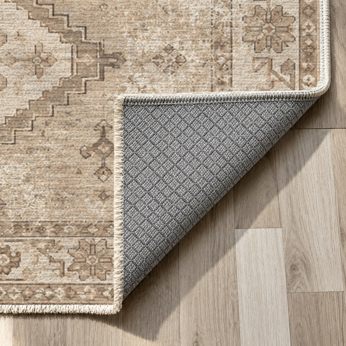 Caravan Fragments Ivory Taupe Vintage Washable Rug — backing close up
