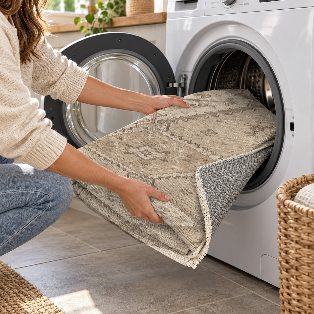 Caravan Fragments Ivory Taupe Vintage Washable Rug — washing machine