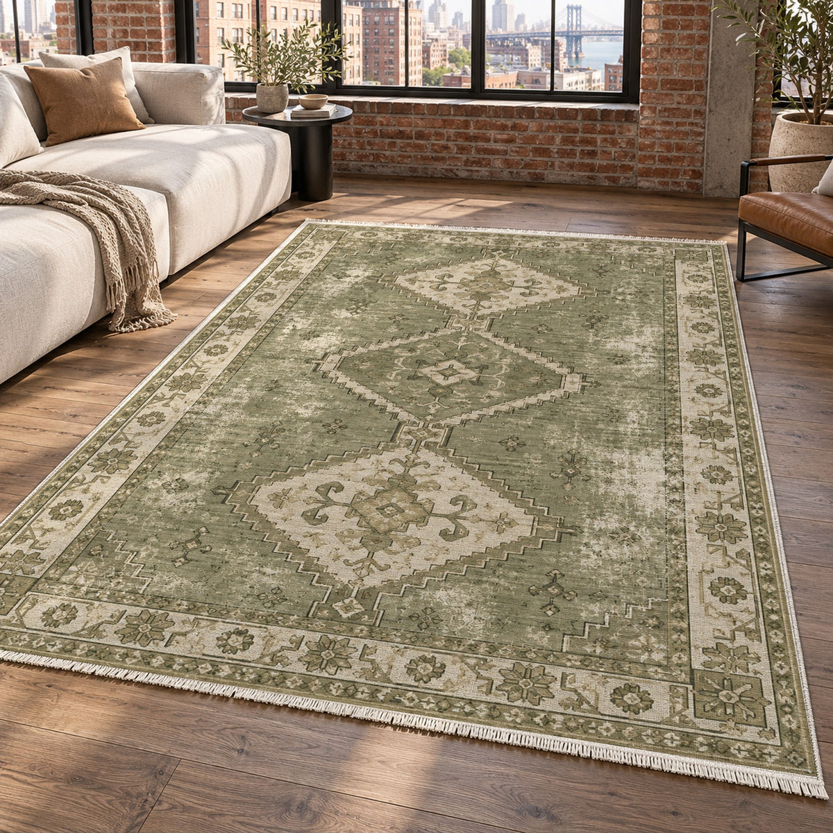 Caravan Fragments Olive Green Vintage Washable Rug — new york living