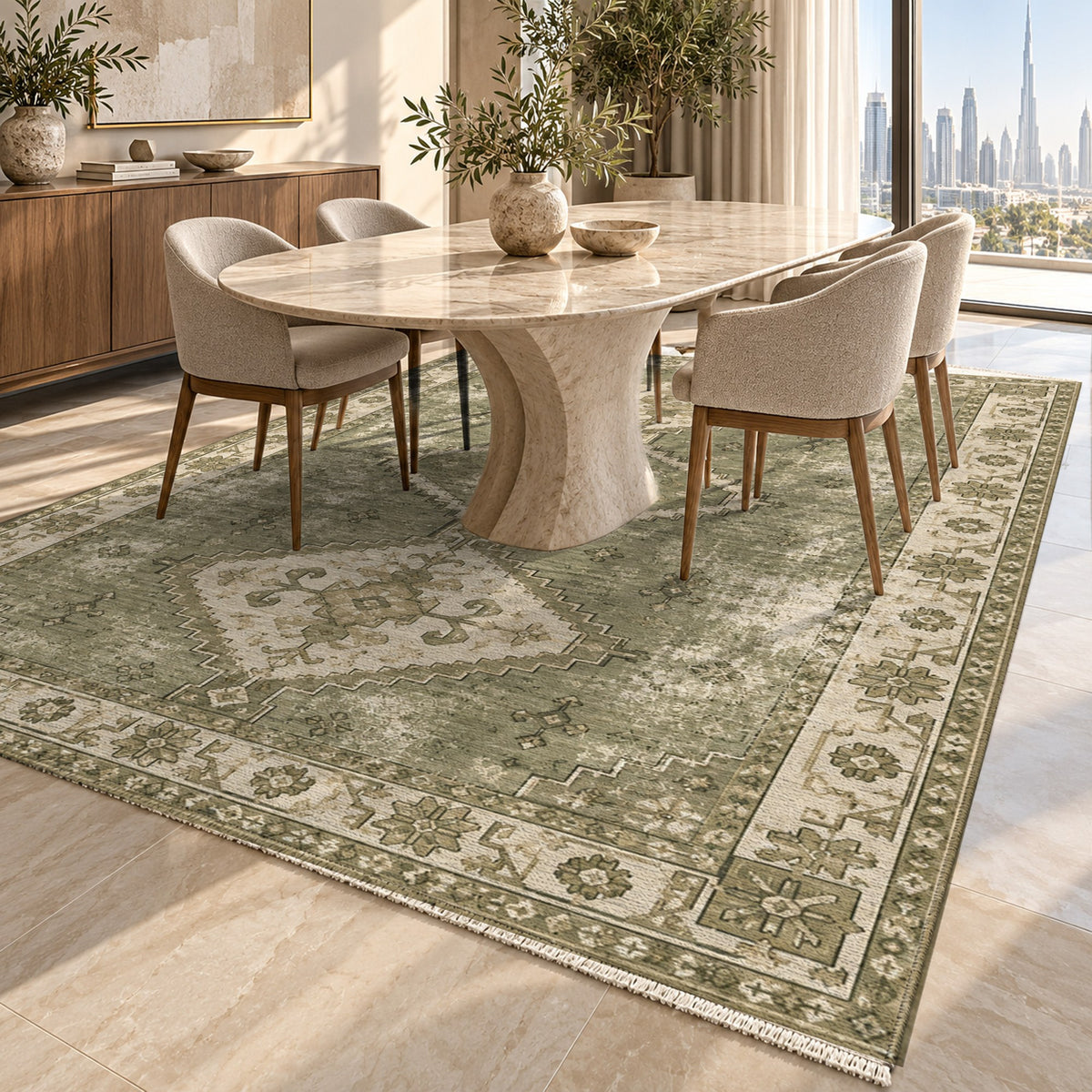 Caravan Fragments Olive Green Vintage Washable Rug — dubai dining
