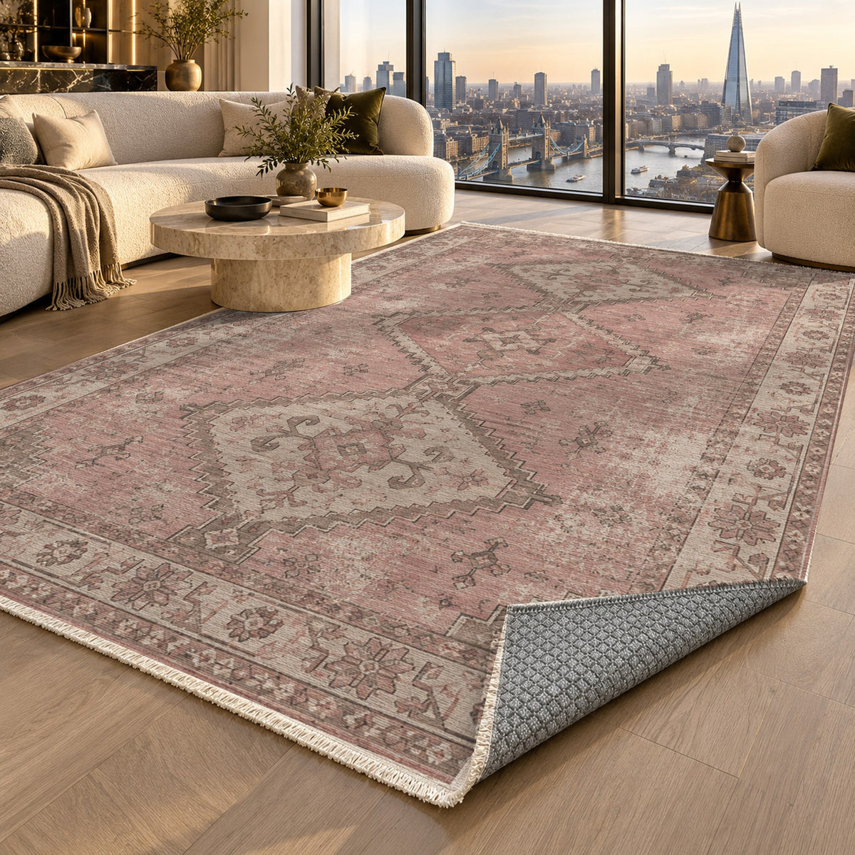 Caravan Fragments Rose Pink Vintage Washable Rug — london luxury living