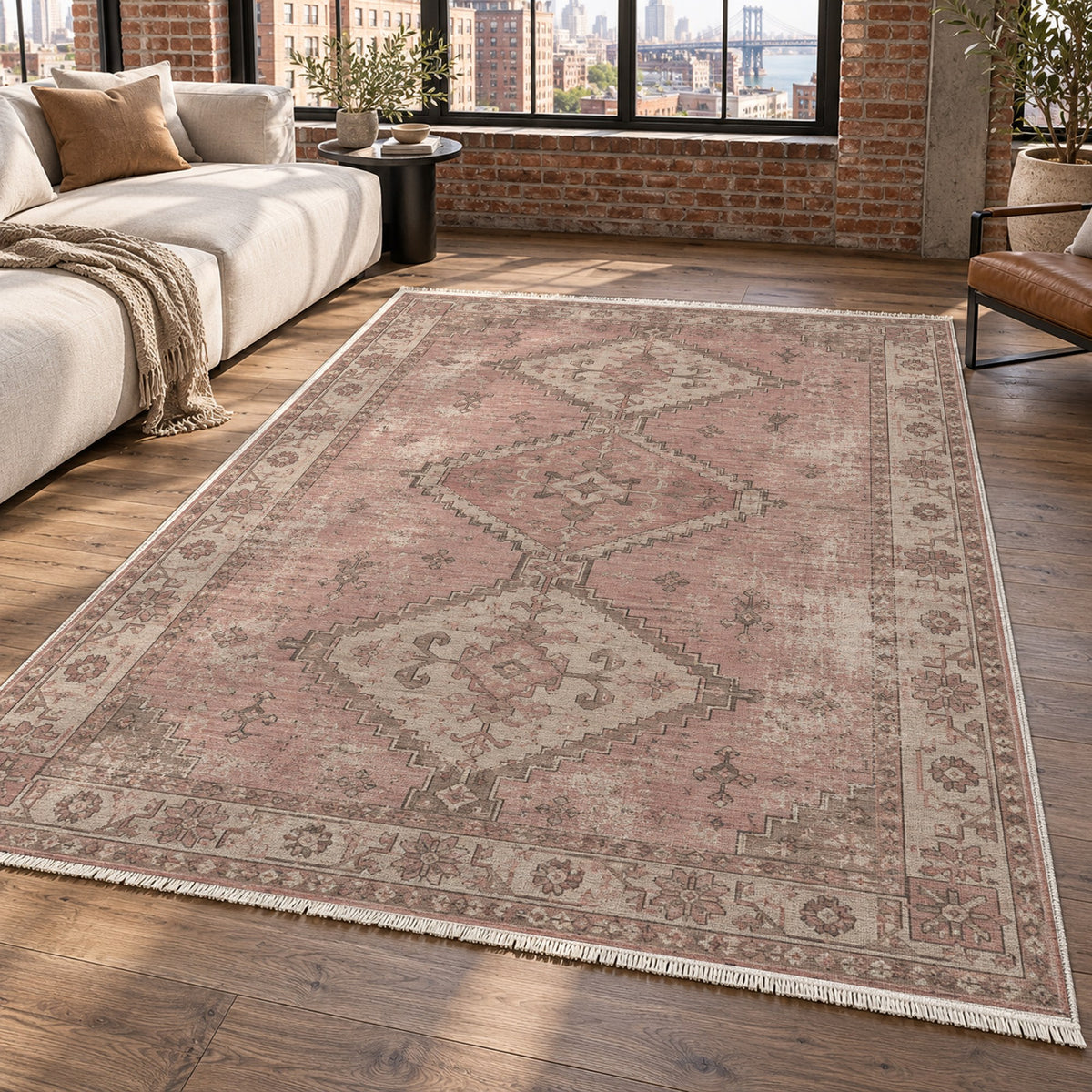 Caravan Fragments Rose Pink Vintage Washable Rug — new york living