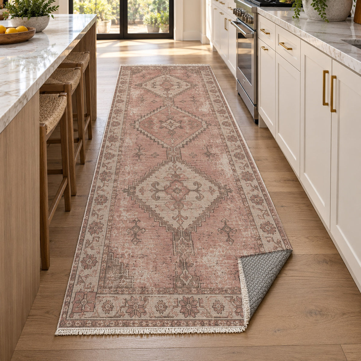 Caravan Fragments Rose Pink Vintage Washable Rug — new york kitchen runner