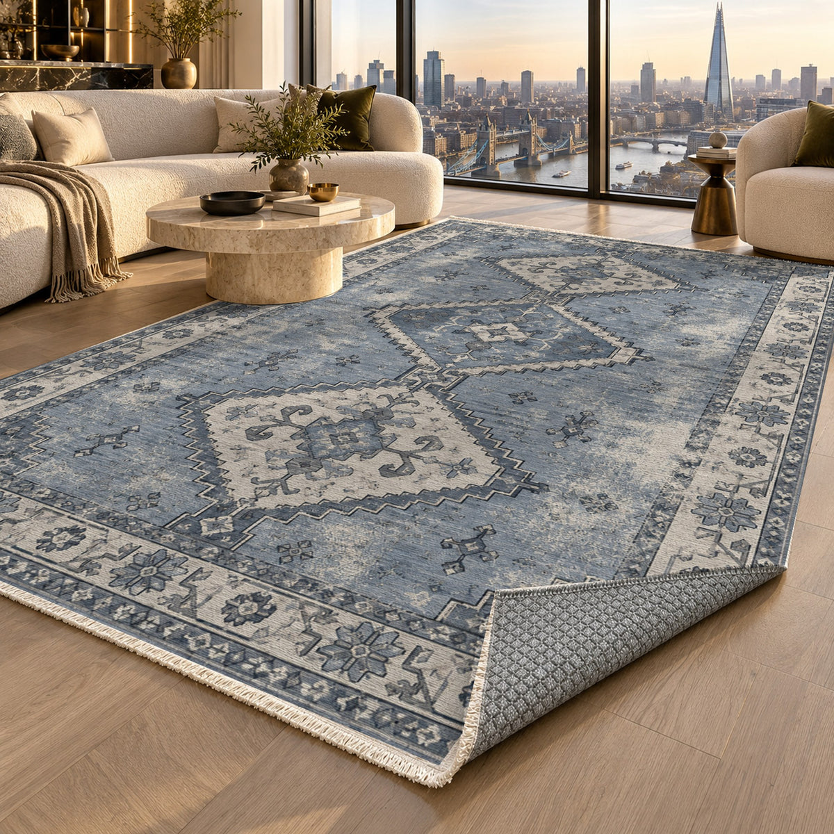 Caravan Fragments Slate Blue Vintage Washable Rug — london luxury living