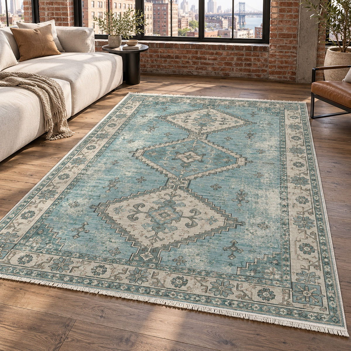 Caravan Fragments Turquoise Blue Vintage Washable Rug — new york living