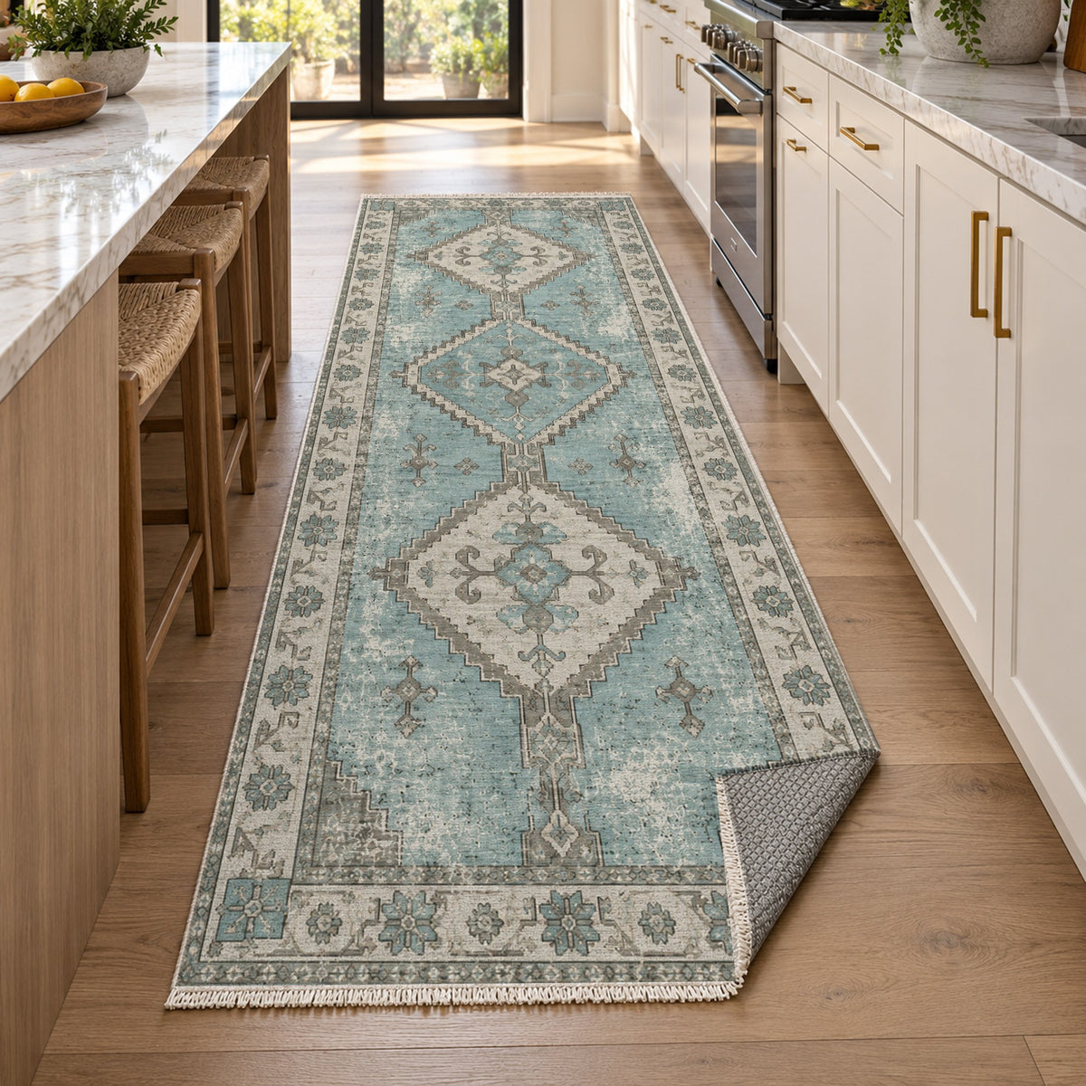 Caravan Fragments Turquoise Blue Vintage Washable Rug — new york kitchen runner